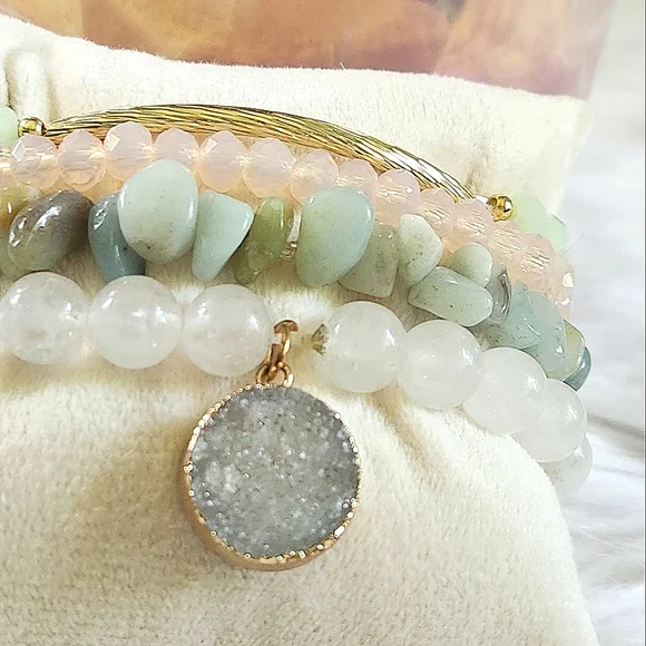 NWT Ryze Natural Stone Clear Quartz, Druzy, & Amazonite Stack Bracelets-Set of 4 - Picture 3 of 5
